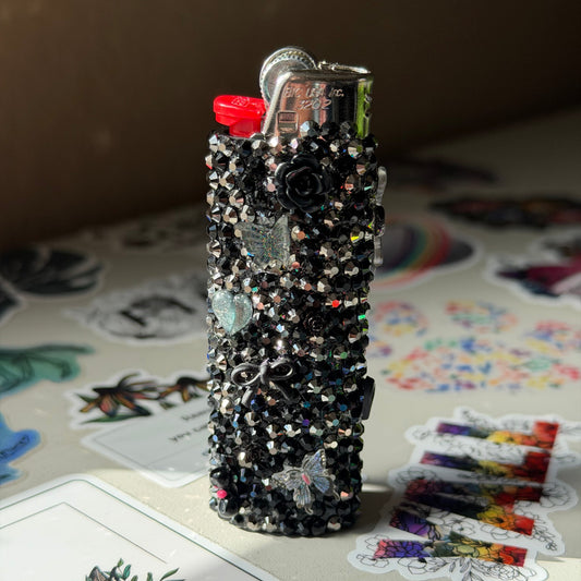 Midnight Rose Bedazzled BIC Lighter | Black Rhinestone Bling Lighter with Charms | Handmade Kandi Lighter