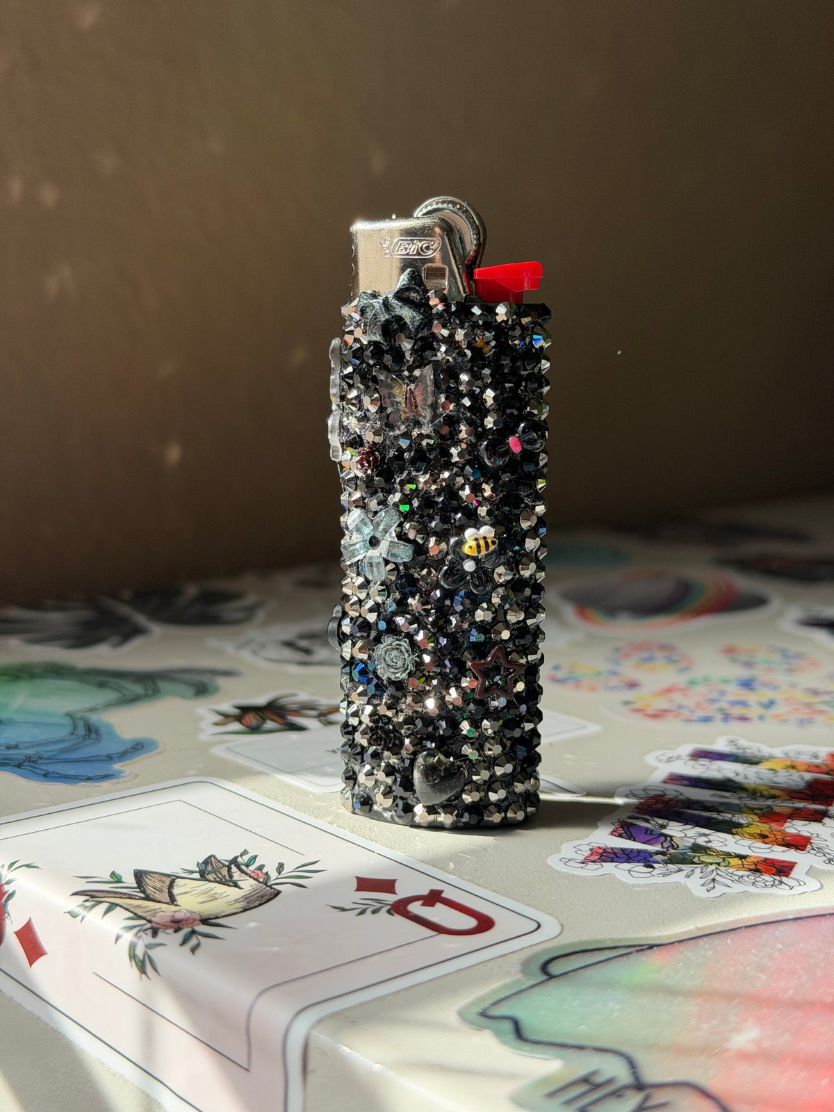 Midnight Rose Bedazzled BIC Lighter | Black Rhinestone Bling Lighter with Charms | Handmade Kandi Lighter