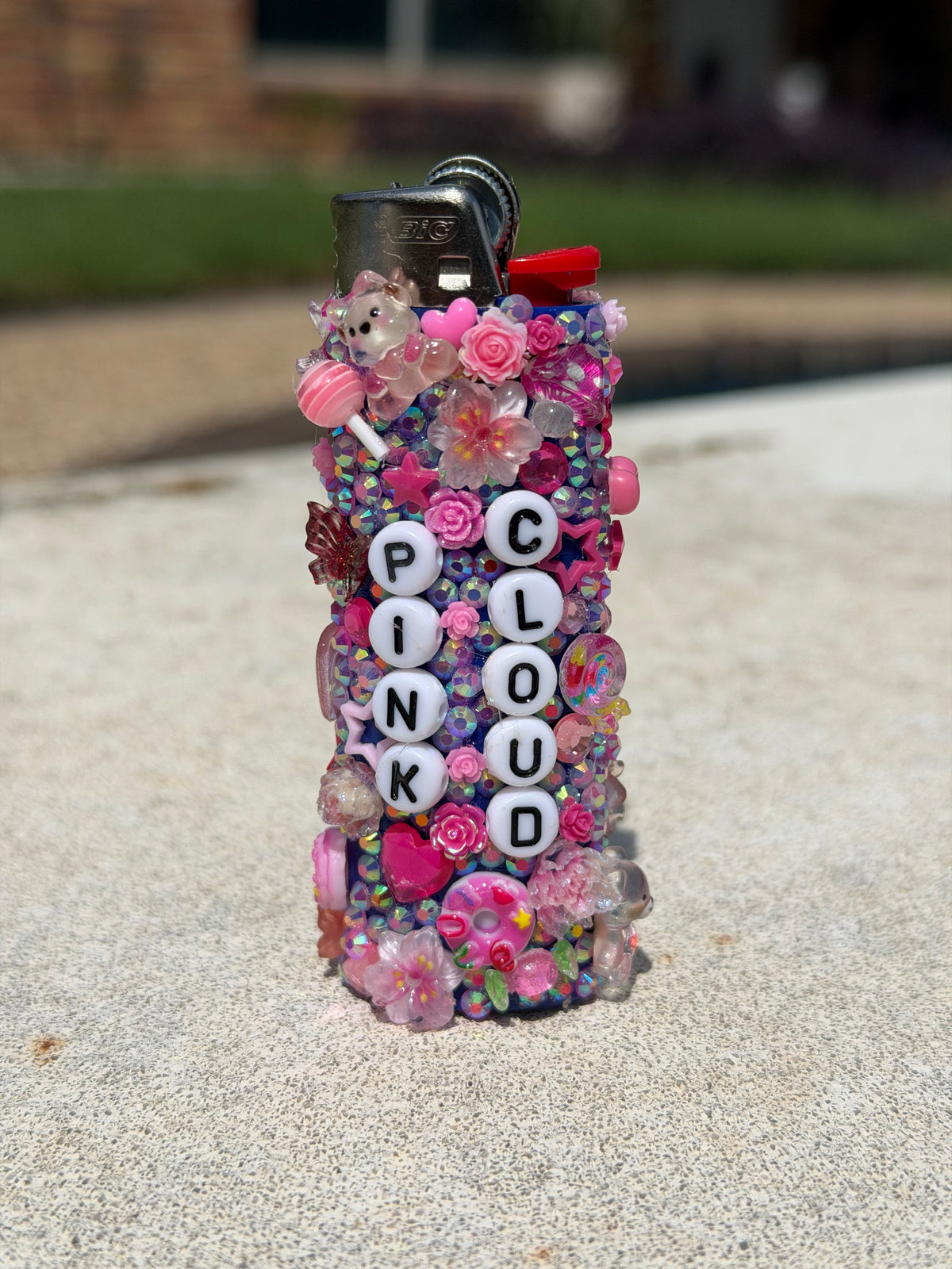 Pink Cloud Bedazzled BIC Lighter | Pink Rhinestone Bling Lighter with Charms | Handmade Kandi Lighter