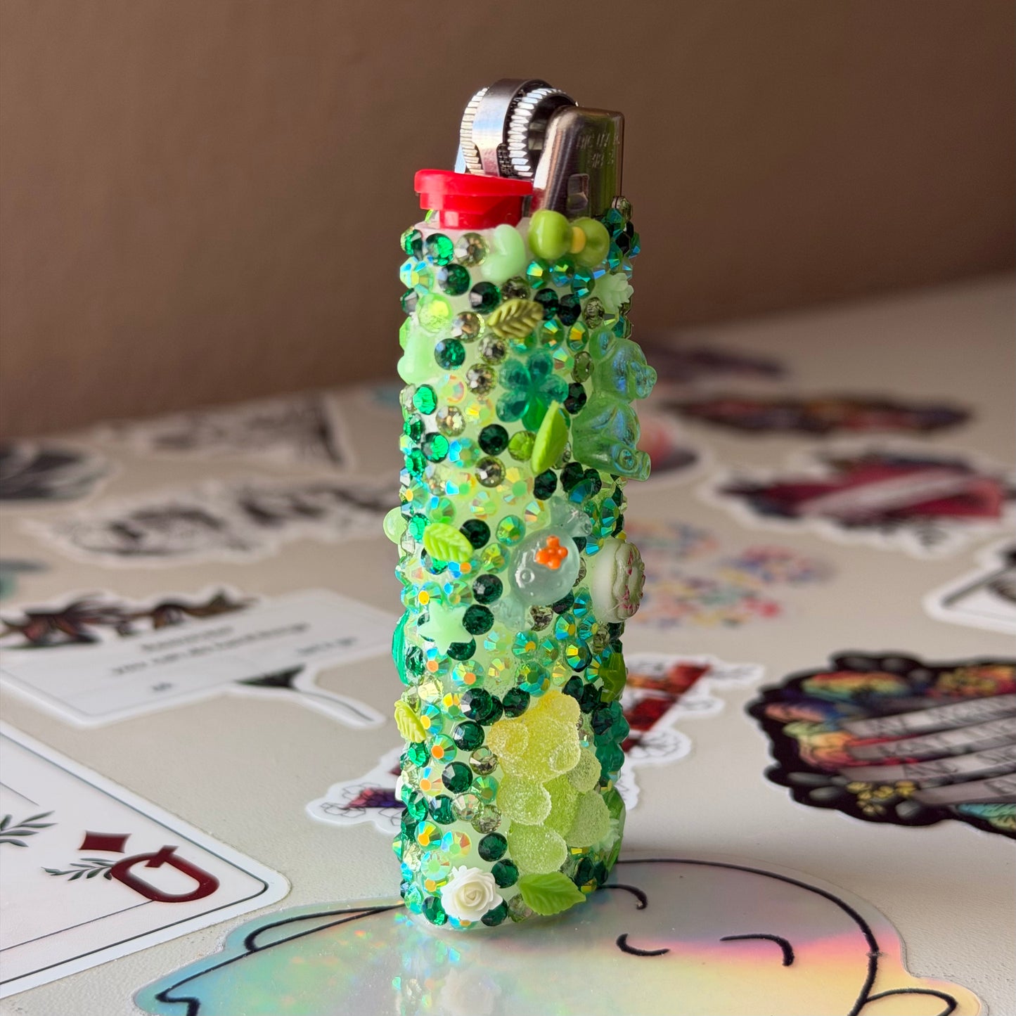 Lucky Clover Bedazzled BIC Lighter | Green Rhinestone Bling Lighter with Charms | Handmade Kandi Lighter