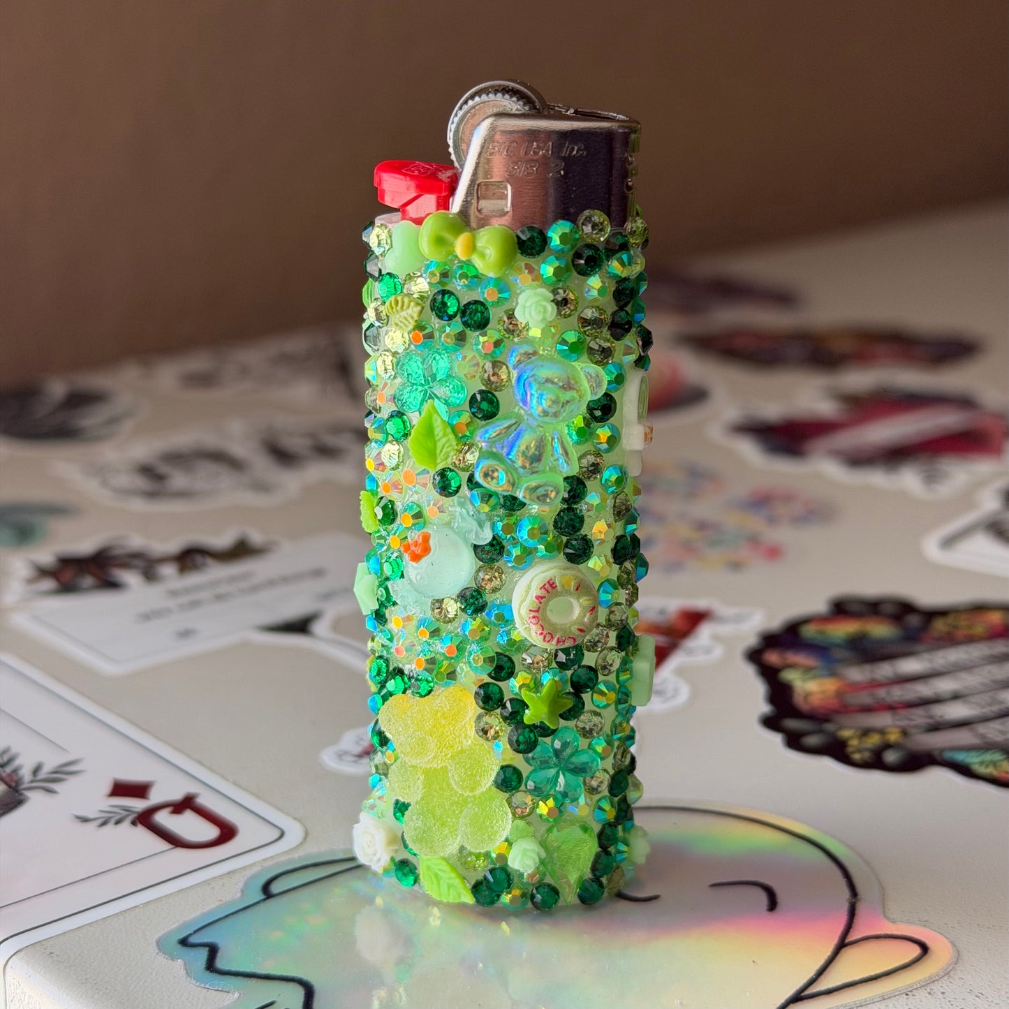 Lucky Clover Bedazzled BIC Lighter | Green Rhinestone Bling Lighter with Charms | Handmade Kandi Lighter