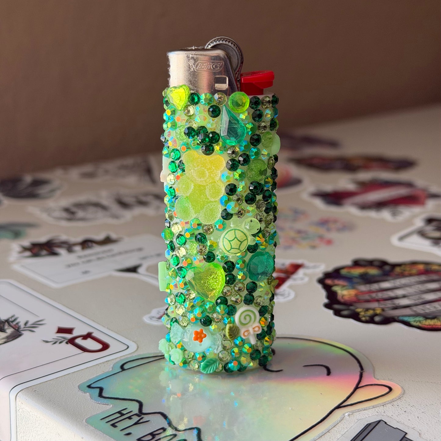 Lucky Clover Bedazzled BIC Lighter | Green Rhinestone Bling Lighter with Charms | Handmade Kandi Lighter