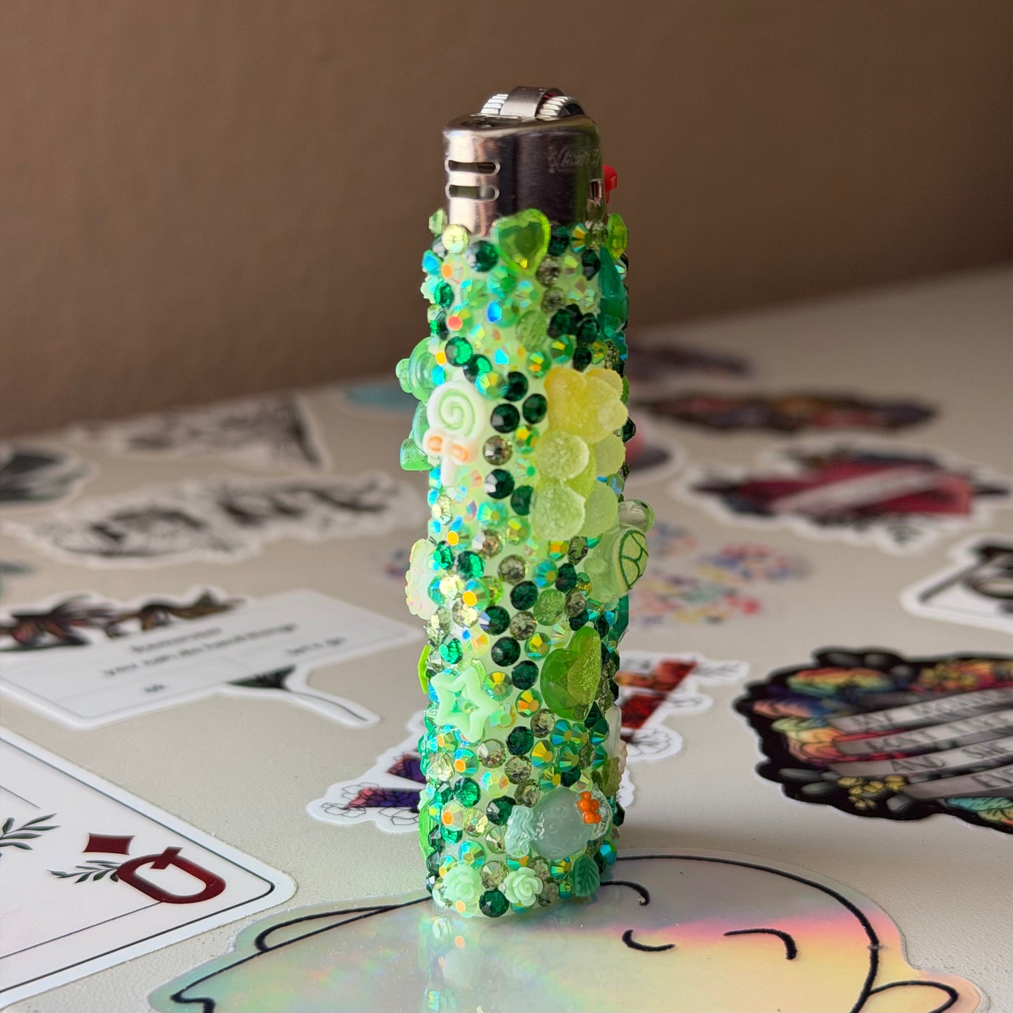 Lucky Clover Bedazzled BIC Lighter | Green Rhinestone Bling Lighter with Charms | Handmade Kandi Lighter