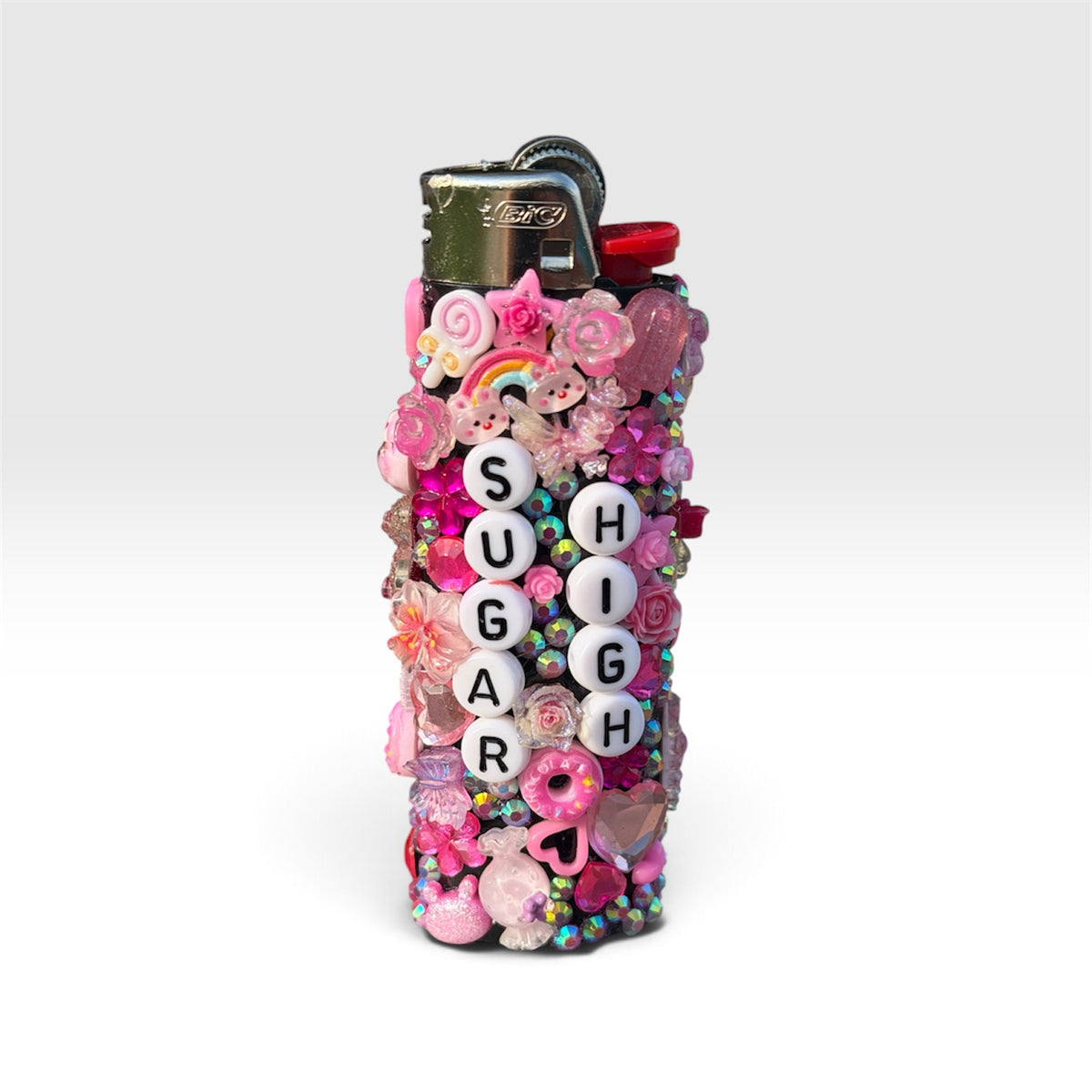 Sugar High Bedazzled BIC Lighter | Pink Rhinestone Bling Lighter with Candy Charms | Handmade Kandi Lighter Case