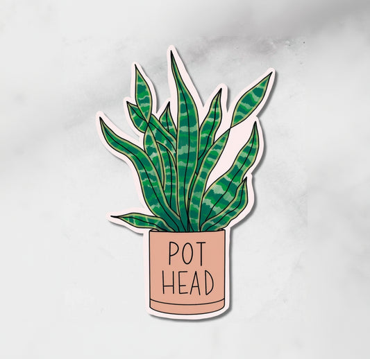 A sticker of a pot-headed plant, predominantly green with some leaves in shades of green and a pink pot labelled 'POT HEAD'.